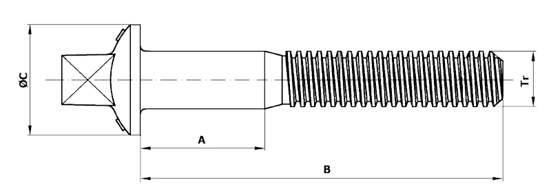 Dimensional diagram of Sleeper bolts with trapezoidal thread